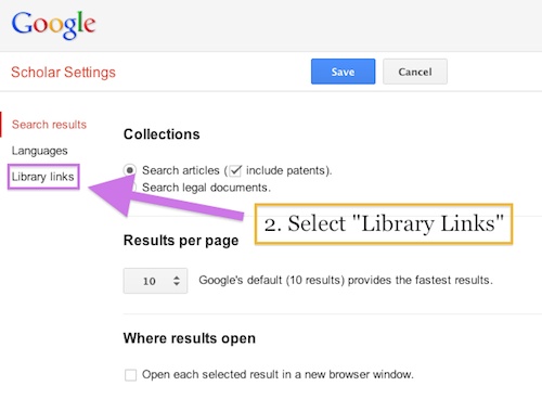 Scholar Settings, indicating "Library links" as the last option in the settings menu
