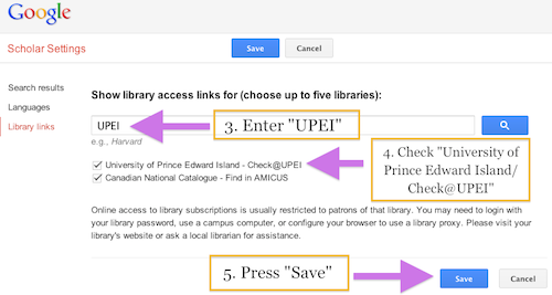 Library Links configuration page showing UPEI in the search box, and the "University of Prince Edward Island - Check@UPEI" option selected.