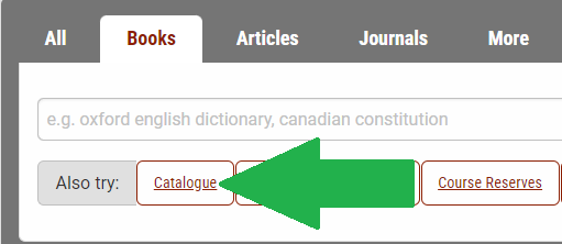 A button labelled "Catalogue" is in the "Also try:" section under the search box in the "Books" tab