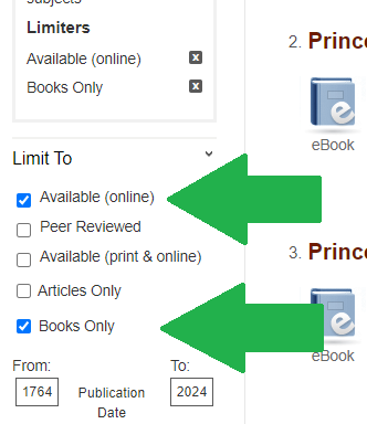Green arrows point to "Available (online)", which is the first option in the "Limit To" section in the OneSearch sidebar, and "Books Only," which is the fifth/last option in the same section.