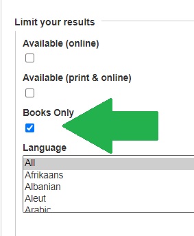 A green arrow points to the checked "Books Only" box, which is below "Available (online)" and "Available (print & online)"