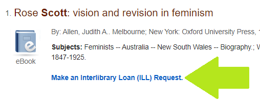 The "Make an Interlibrary Loan request" link is under the list of Subjects on the OneSearch entry.