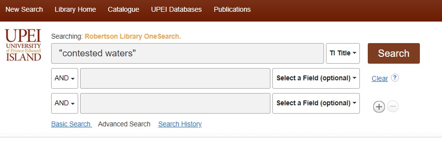 A sample OneSearch search with "contested waters" (including quotation marks) in the search box and TI Title selected from the drop-downlist to the right of that box