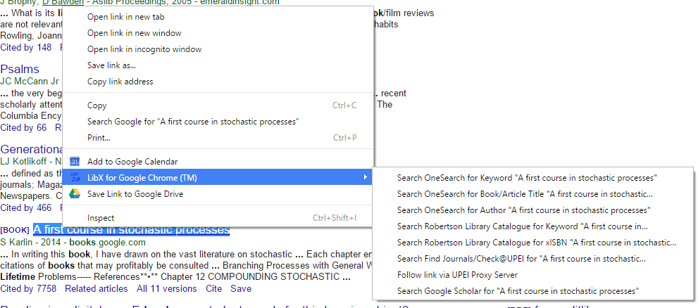 Context menu showing links to "search library catalogue", "search oneSearch" and "search google scholar" for selected text, among others