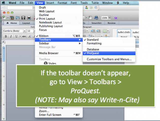Go to View Toolbars ProQuest or Write-n-Cite