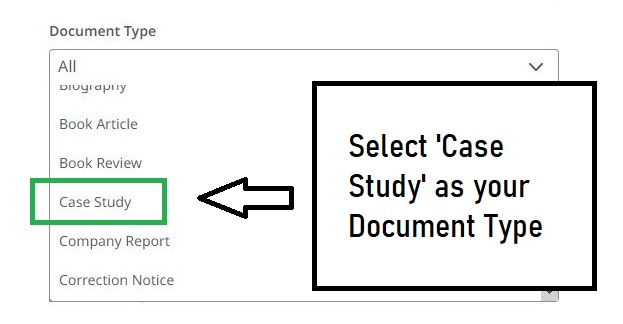 Demonstration of selecting Document Type of Case Study in Business Source Complete