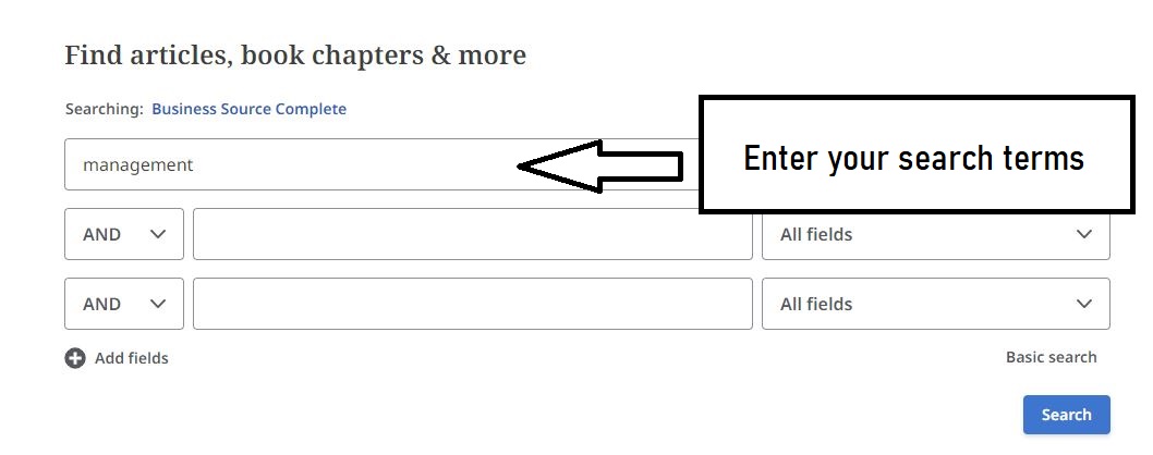 Demonstration of typing 'management' into the keyword search bar in Business Source Complete