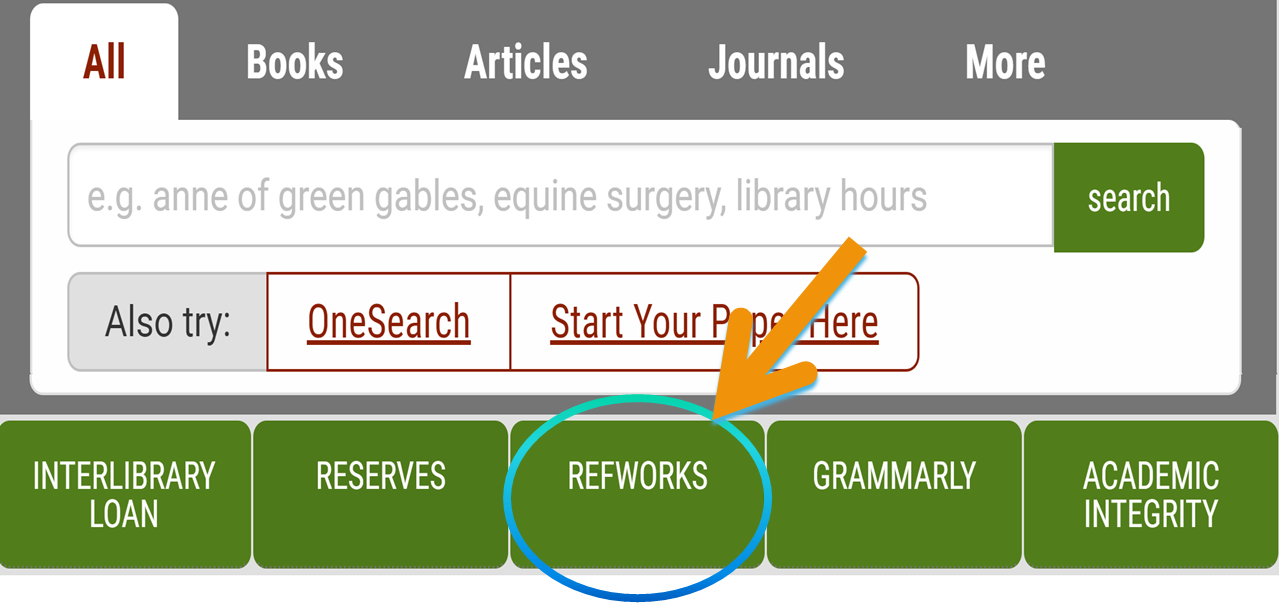 The RefWorks link is below the main search box, between Reserves and Grammarly