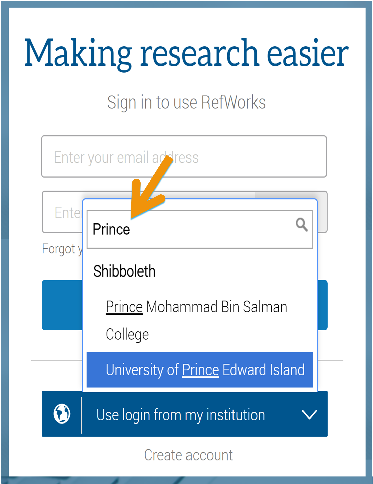 The link to Use Login from my institution is in blue button, above the Create account