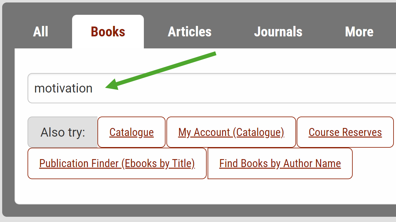 Search term "motivation" has been typed into the Books tab search box