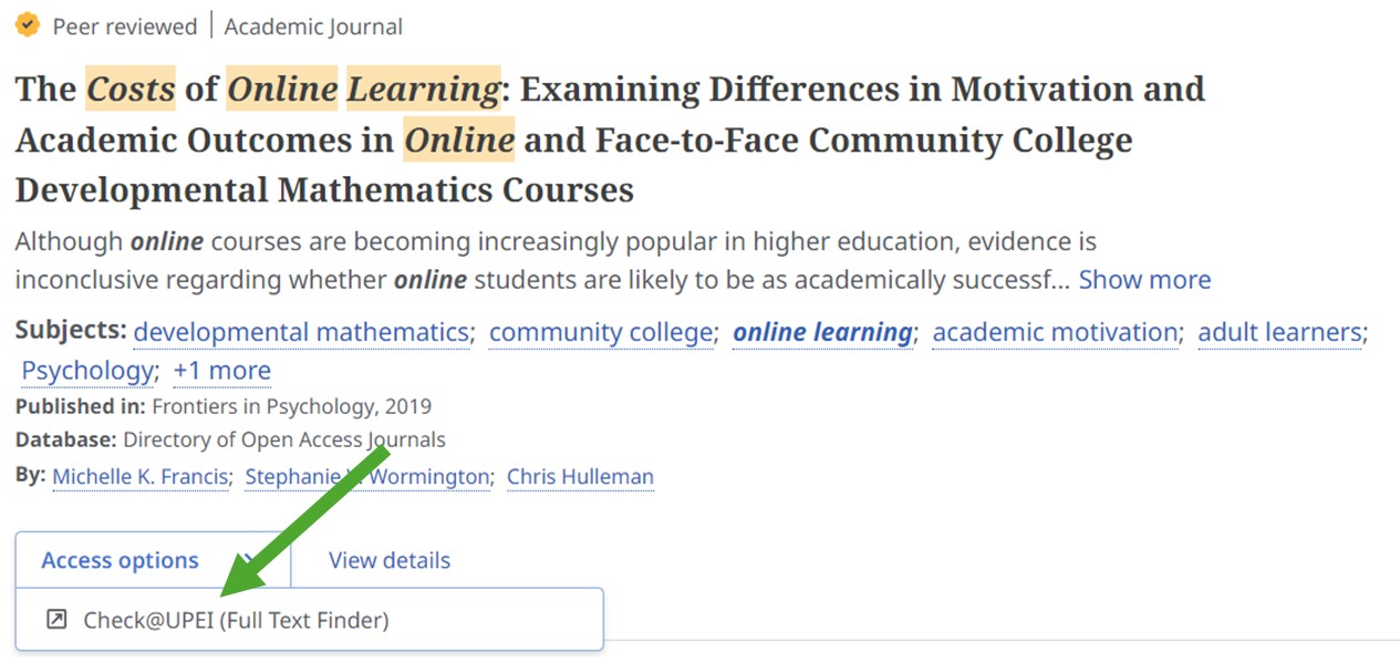 A sample OneSearch search result with "Check@UPEI (Full Text Finder)" listed in the dropdown under "Access options"
