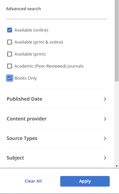 "Available (online)" and "Books Only" are both under the "Advanced Search" heading. The blue "Apply" button is at the bottom of the filters menu.