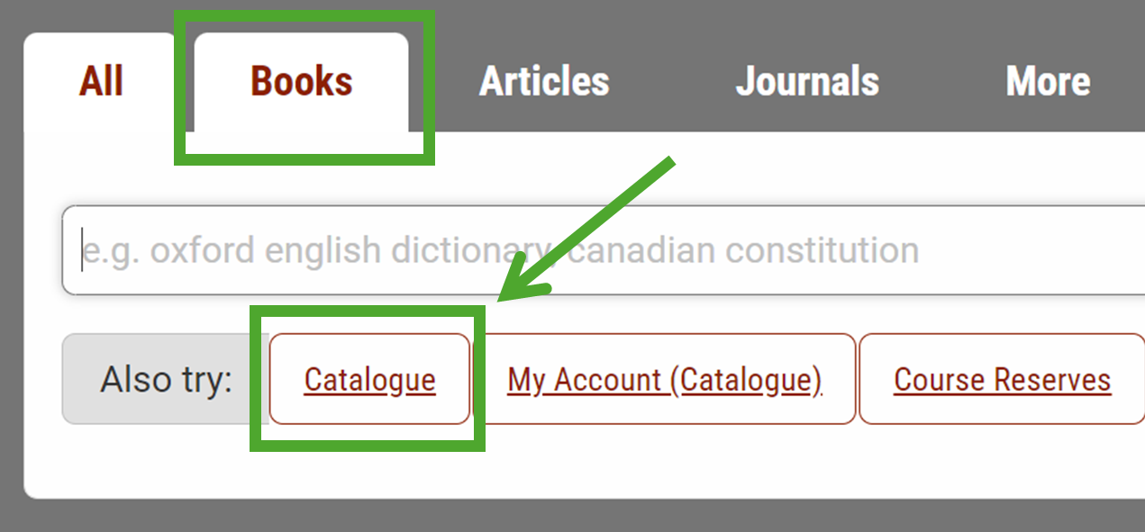 "Catalogue" is the first link in the "Also try" section of the Books search tab