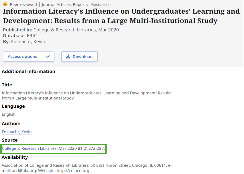 The journal name (College & Research Libraries), date (Mar 2020), and volume and issue information (81 2) appear in the "Source" field on the detailed item record