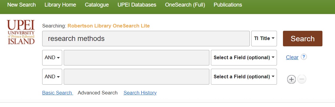 In OneSearch Lite, "research methods" has been entered into the top search box and "TI Title" selected in the drop-down box to the right