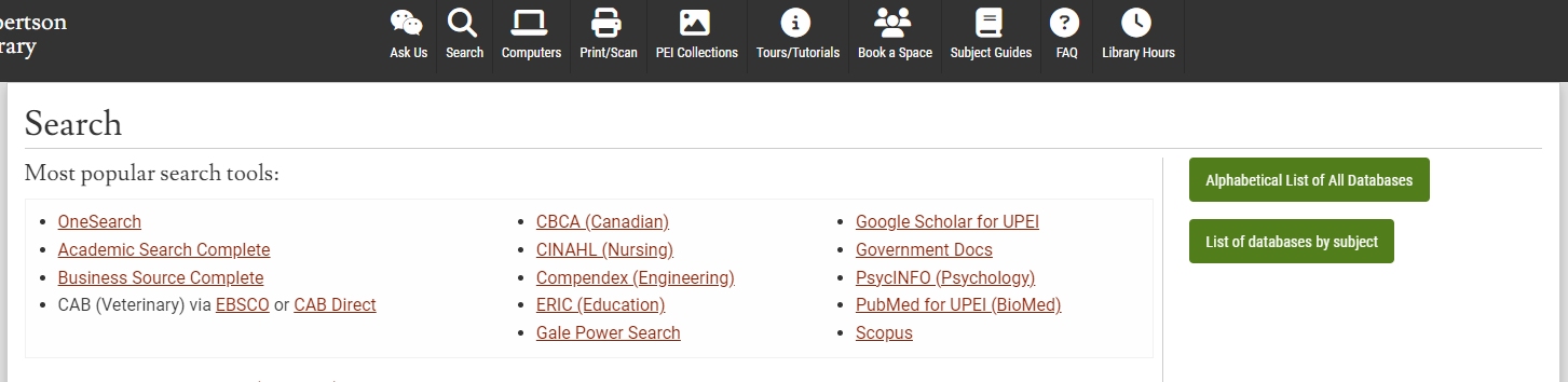 The "Search" dropdown includes links to popular databases and two green buttons to access full lists of databases