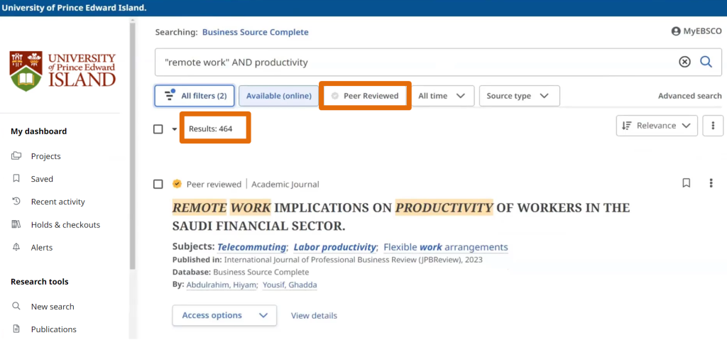 Screenshot of the search result highlighting the number of results and the Peer Reviewed filter