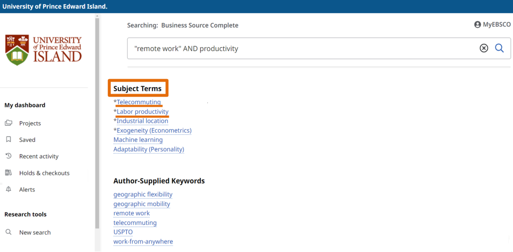 Screenshot of the Subject terms highlighting telecommuting and labor productivity