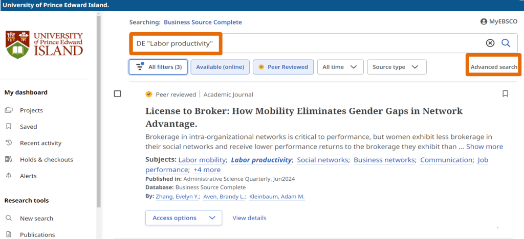 A screenshot displaying the term DE “Labor Productivity” in the search box, with the Advanced Search link highlighted on the right