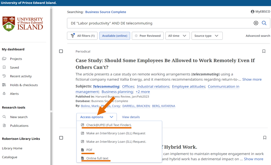 Screenshot highlighting the Check@UPEI (Full Text Finder), PDF, and Online full text options