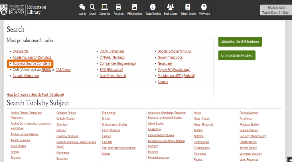 Orange box highlighting the Business Source Complete search tool