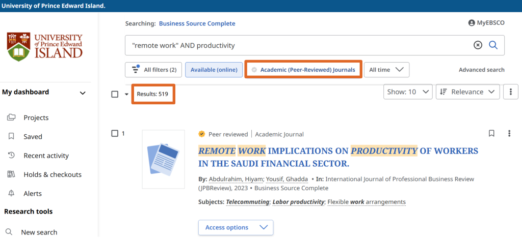 The results and the Academic (Peer-Reviewed) Journals are highlighted