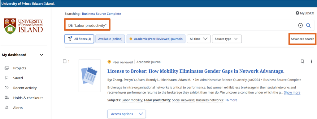 DE "Labor productivity" and Advance search link are highlighted 