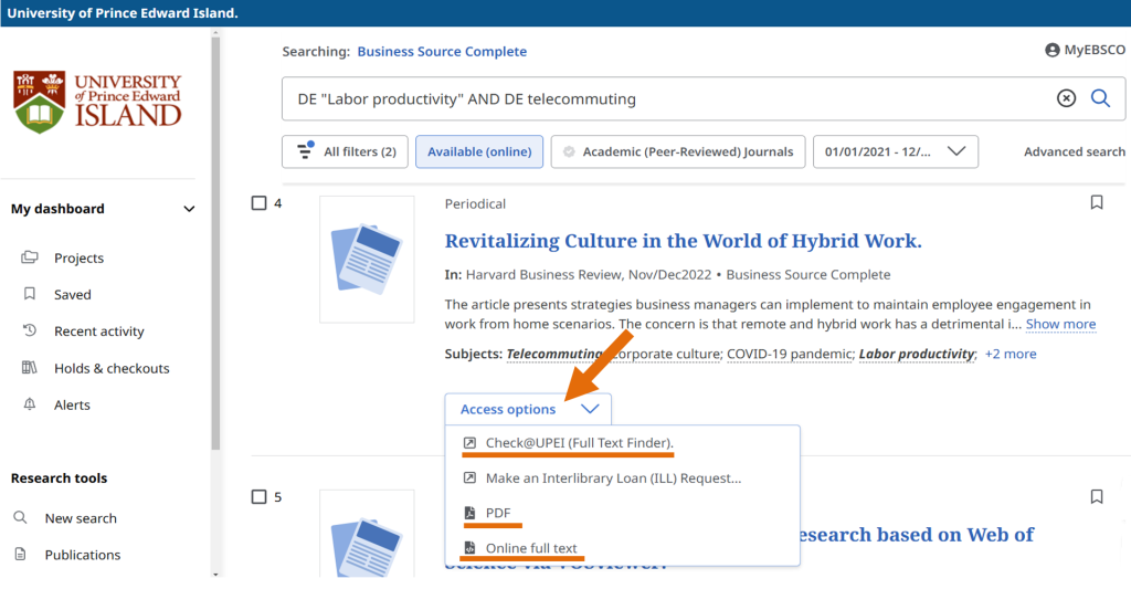 Arrow pointing to the Access options. Check@UPEI, PDF, and Online full text are underlined 