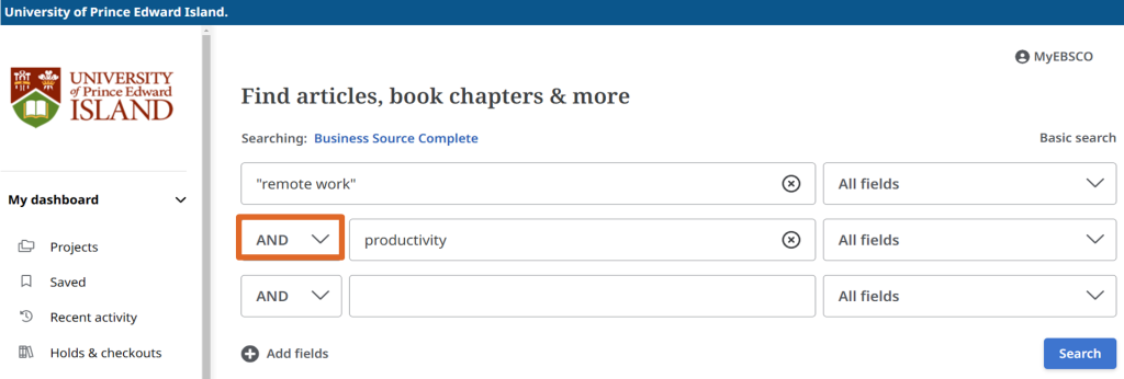 The first search box has the phrase remote work in quotation marks and the second box has the word productivity. 