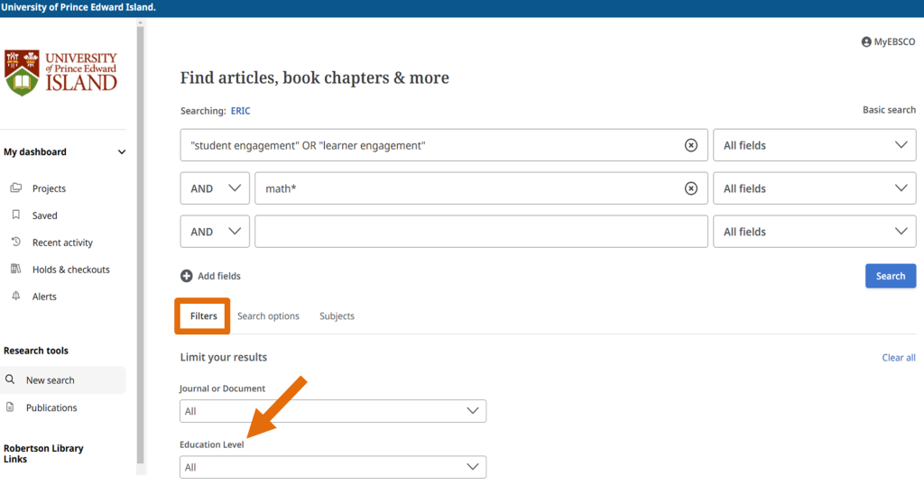 The "Education Level" filter is in the "Limit Your Results" section, after "Journal or Document"