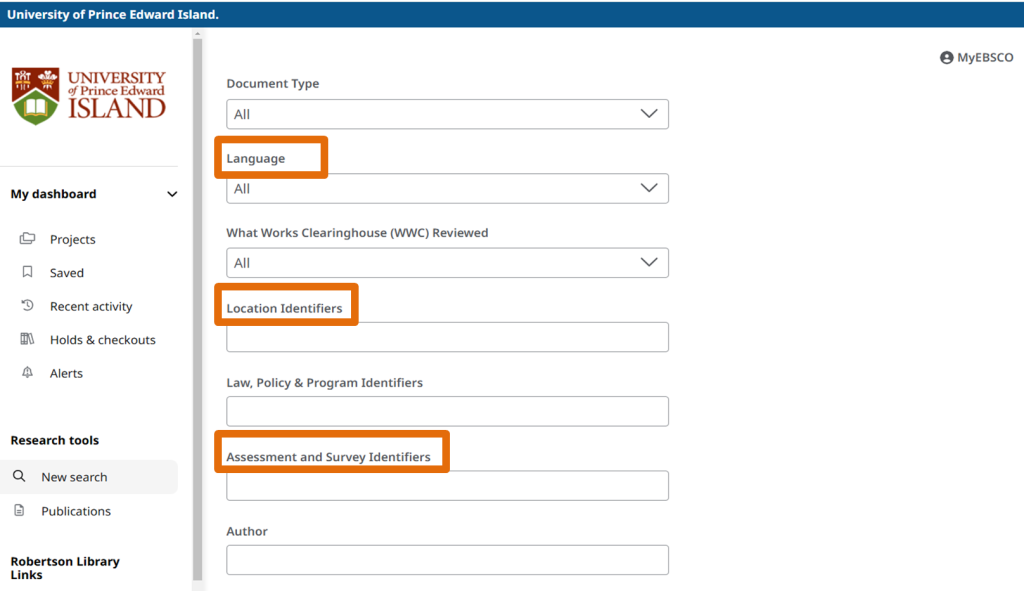 The filters for Language, Location Identifers, and Assessment or Survey Identifiers are highlighted