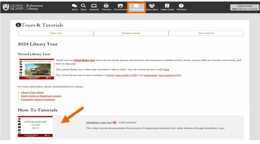 The Interlibrary Loan tutorial is available on the Tours/Tutorials page linked at the top of the library website