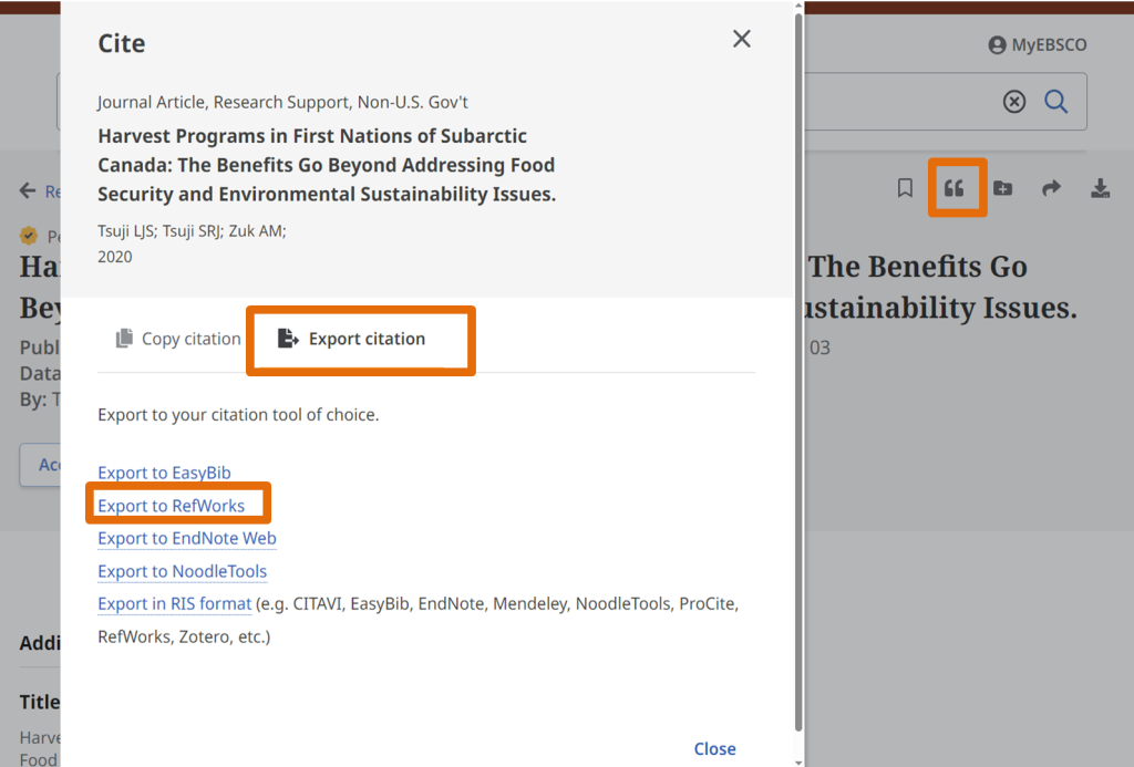 "Export to RefWorks" is the second link under "Export to your citation tool of choice"