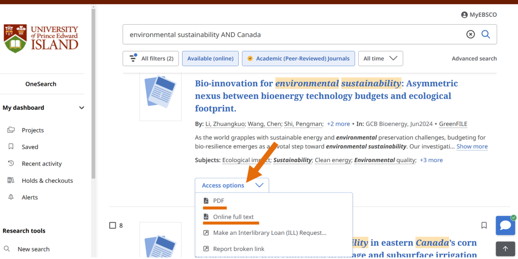 Arrow pointing to Access options, the PDF and Online full text links are underlined