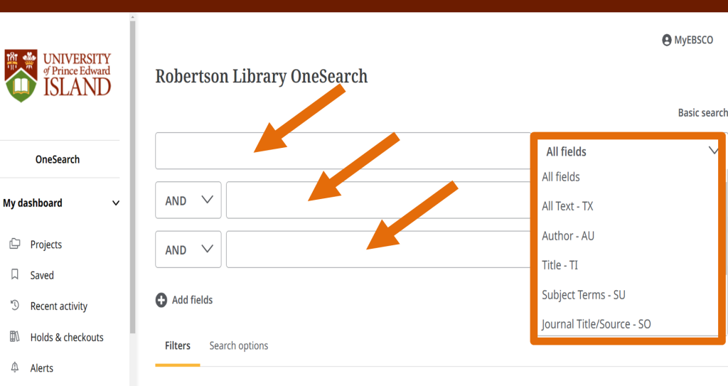 Arrows pointing to the search boxes. All fields is also highlighted.