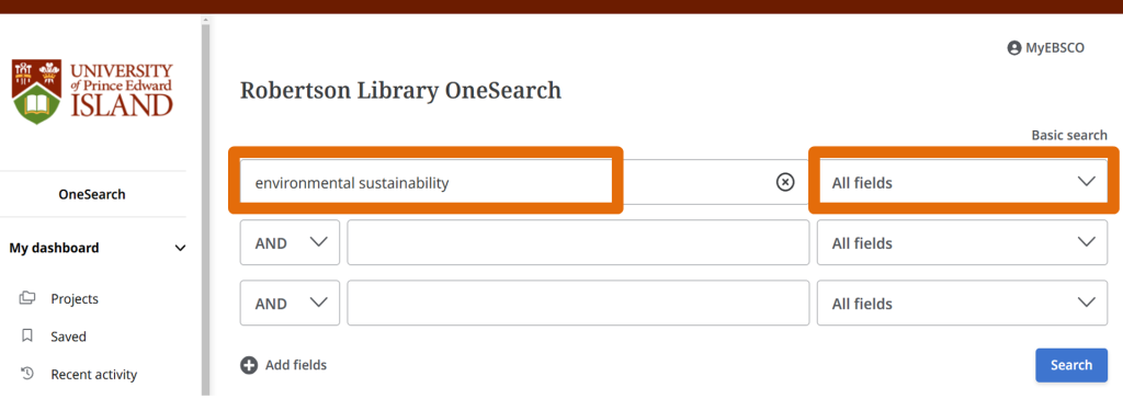 Environmental sustainability is on the first search box. All field is highlighted.