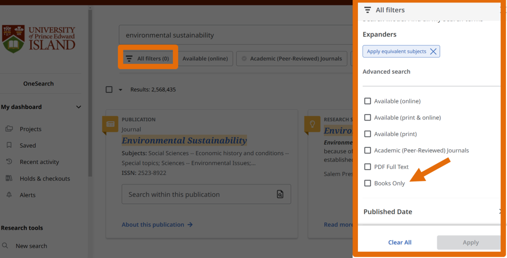 All filters button is highlighted, and there is an arrow pointing to Books only