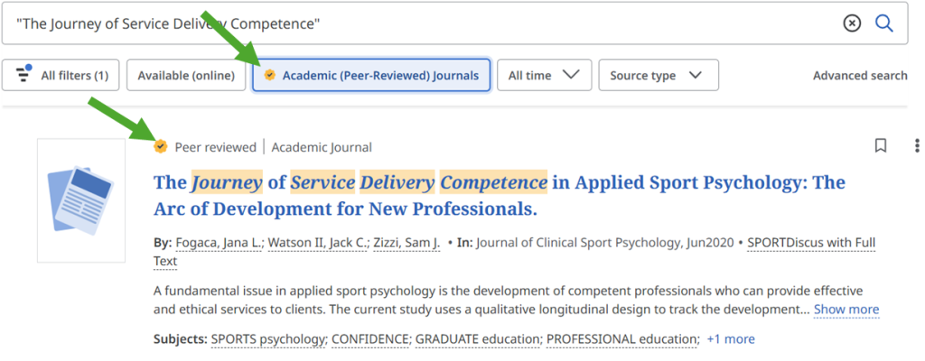 The "Academic (Peer-Reviewed Journals)" button has been selected and is blue. At the top of the first search result is a gold icon with a check mark and the label "Peer reviewed | Academic Journal"