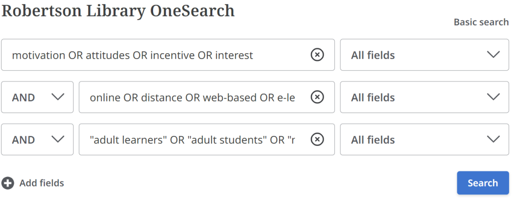 Each line of synonyms from step 3 has been entered into a different box in the OneSearch Advanced Search interface