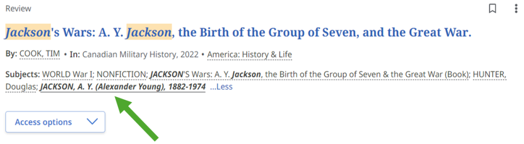 In a search result for a review of the book "Jackson's Wars," a green arrow points to the subject term "JACKSON, A.Y. (Alexander Young), 1882-1974", which is a link that can be followed to more items using the same term