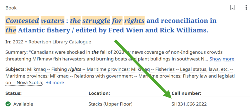 The call number is listed after the Status and Location of the item, under the title, summary, and subjects.