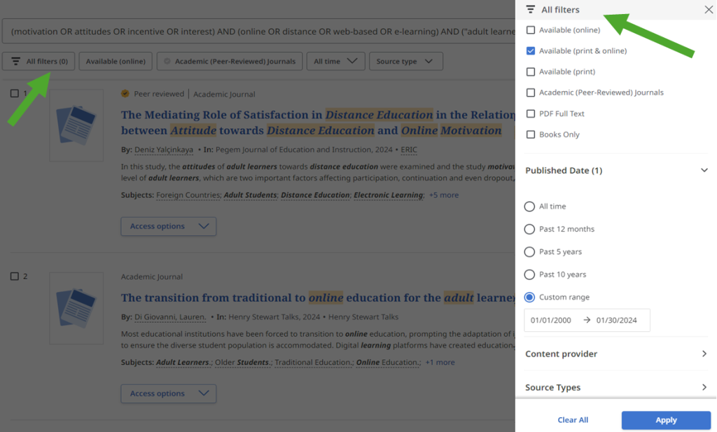 When "All filters" is selected, a sidebar appears on the right-hand side of the screen with many options. In this example, "Available (print & online)" is selected and a custom date range has been entered.