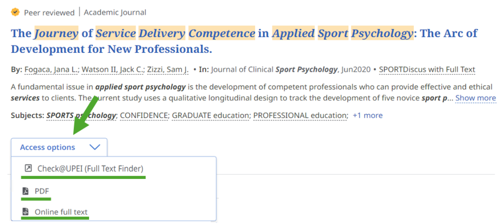 “Check@UPEI (FullText Finder)”, "PDF" and  "Online full text" links appear when the Access Options menu is selected in this sample record