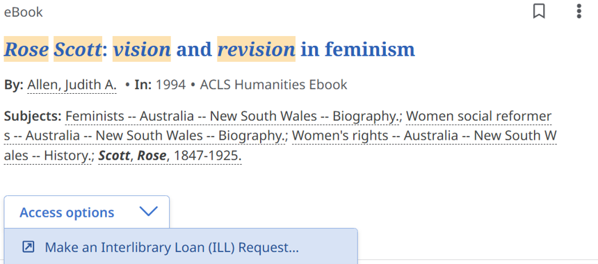 A OneSearch listing for an ebook with "Make an Interlibrary Loan (ILL) Request" as the only option listed on the "Access options" list.