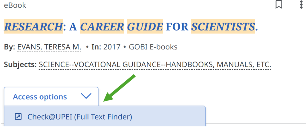 The "Check@UPEI (Full Text Finder)" link for an ebook is found in the "Access options" dropdown list.