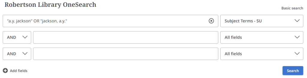 A OneSearch search with search term "a. y. jackson" OR "jackson, a. y." , and Subject Terms - SU selected in the "All fields" dropdown.