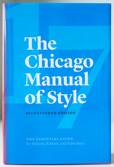 Book cover of the the Chicago Manual of Style, blue background with white text