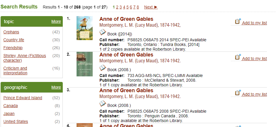 The first three results of the "Anne of Green Gables" title search, along with the "topic" options on the left-hand side