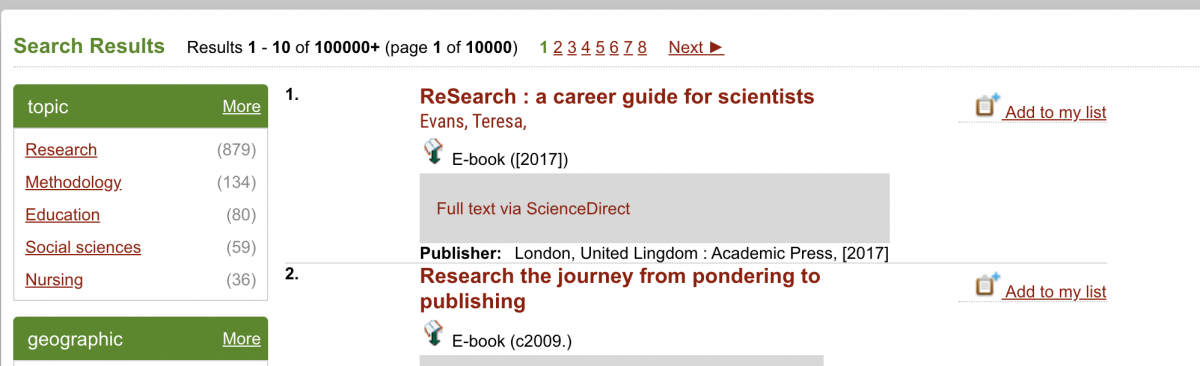 Example of search results in the library catalogue. 