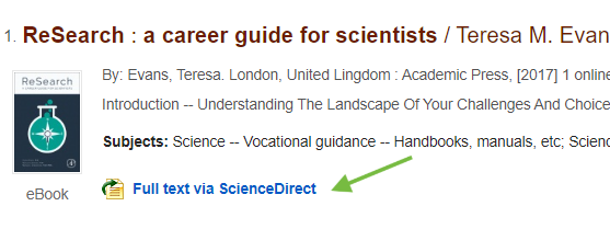 A green arrow points to the blue "Full Text via ScienceDirect" link at the bottom of a OneSearch book record.